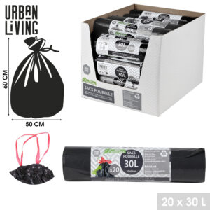 SACS POUBELLE NOIR ECO RECYCLE AVEC LIEN COULISSANT 30LTR X20PCS