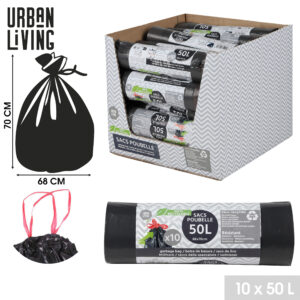 SACS POUBELLE NOIR ECO RECYCLE AVEC LIEN COULISSANT 50LTR X10PCS