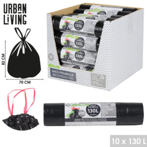 SACS POUBELLE NOIR ECO RECYCLE AVEC LIEN COULISSANT 130LTR X10PCS