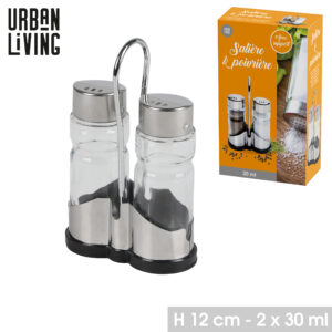 SALIERE ET POIVRIERE AVEC SUPPORT EN METAL H12CM