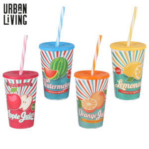 GOBELET DECORE AVEC COUVERCLE ET PAILLE 660ML 4 DECORS FRUITS ASSORTIS