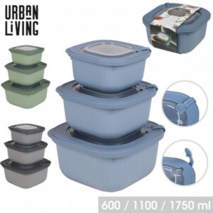 SET DE 3 BOITES HERMETIQUES CARREES AVEC VALVE 600/1100/1800ML
