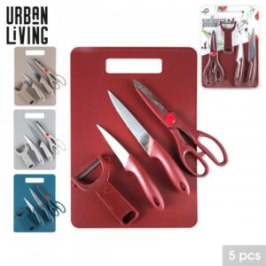 SET DE CUISINE X5PCS 2 COUTEAUX CISEAU, EPLUCHEUR ET PLANCHE 31X22CM