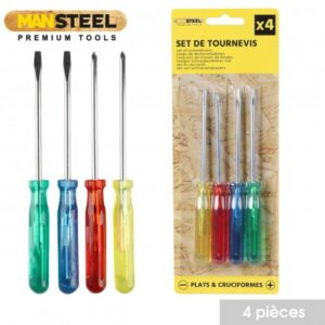 BRICO SET DE 4 TOURNEVIS PLATS ET CRUCIFORMES 4 COULEURS ASSORTIES