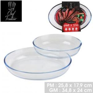 CHEF TRAITEUR PLAT A FOUR X2PCS EN VERRE BOROSILICATE OVALES L26CM ET L35CM