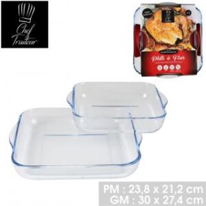CHEF TRAITEUR PLAT A FOUR X2PCS VERRE BOROSILICATE CARRE L24CM ET L30CM