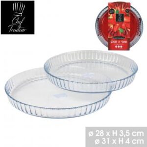 CHEF TRAITEUR PLAT A FOUR X2PCS EN VERRE BOROSILICATE ROND D28CM ET D31CM